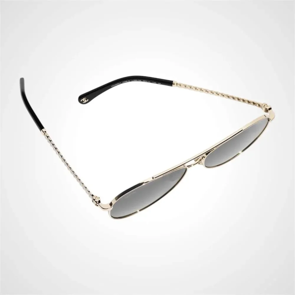 New CHANEL Sunglasses Gold Metal Grey Polarized Aviator Pilot Pearls Authentic - Picture 4 of 5